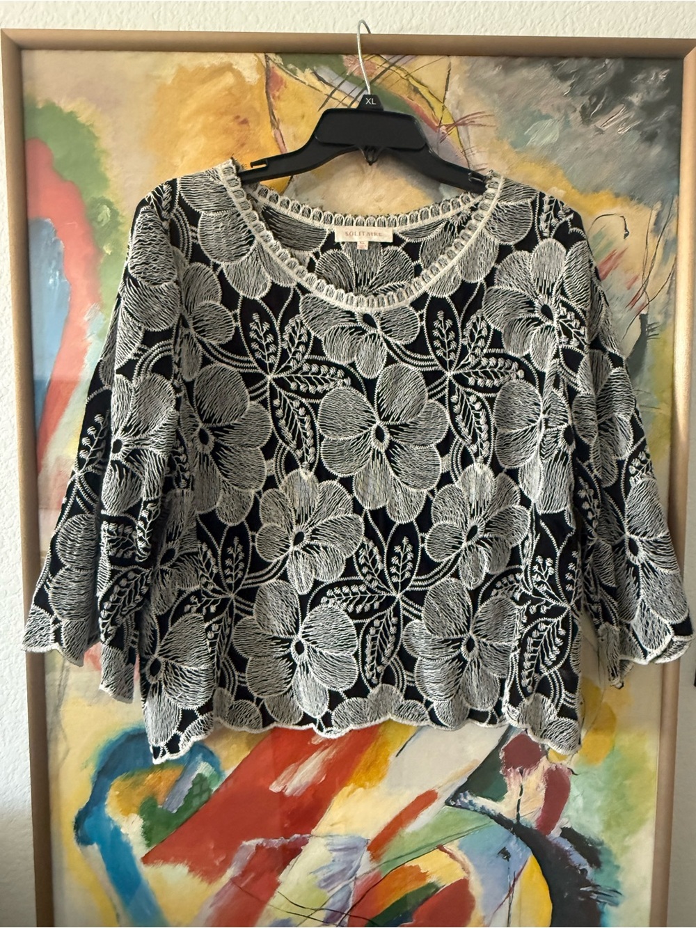 Solitaire Black Top with White Floral Lace Overlay
